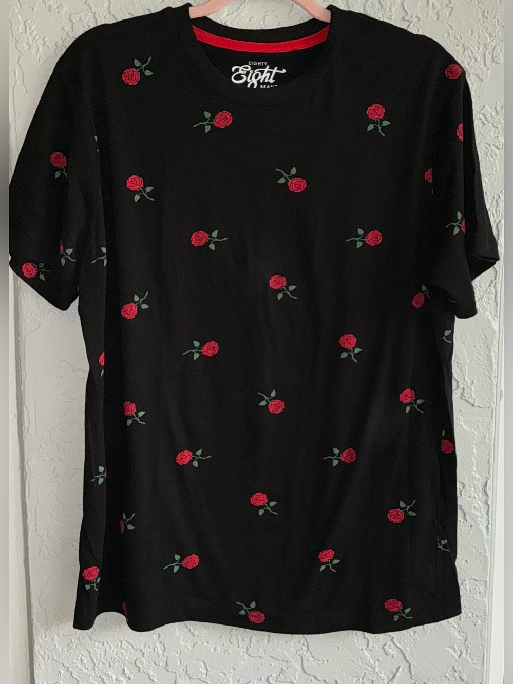 Eighty Eight Black Short-Sleeve Tee with Red Rose Motif